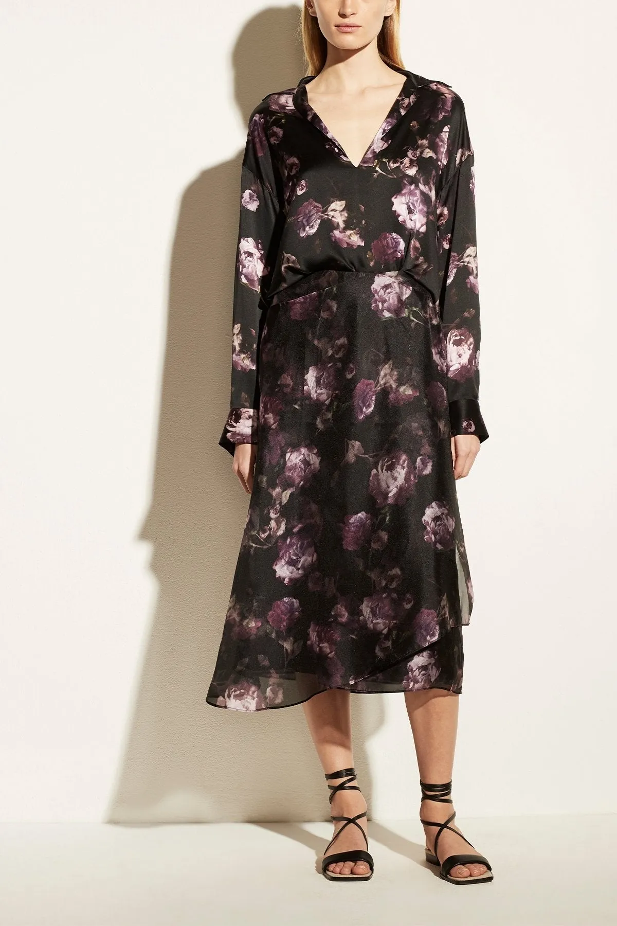 Night Garden Lapel Collar Silk Popover in Black