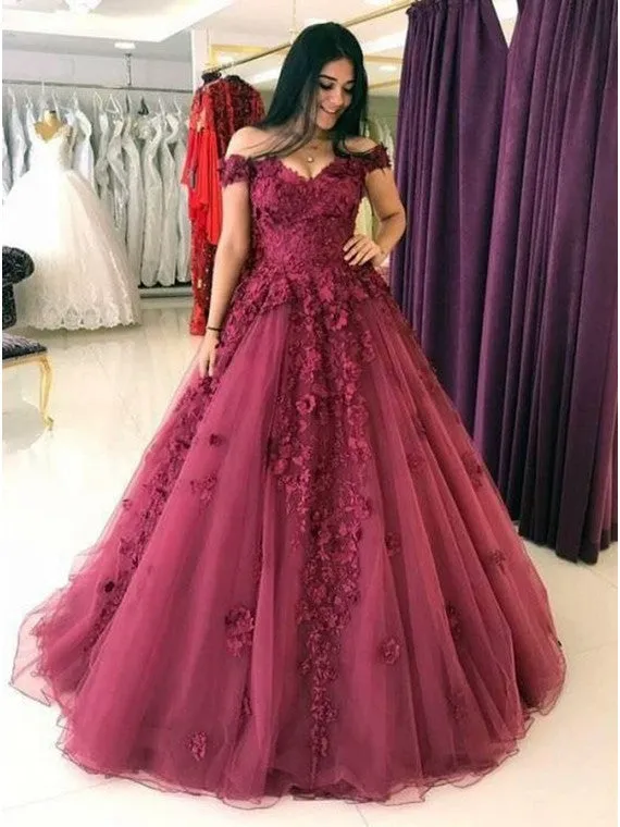 off the shoulder lace prom dress ball gown 2020 appliqué 3d flowers Burgundy elegant cheap prom gown