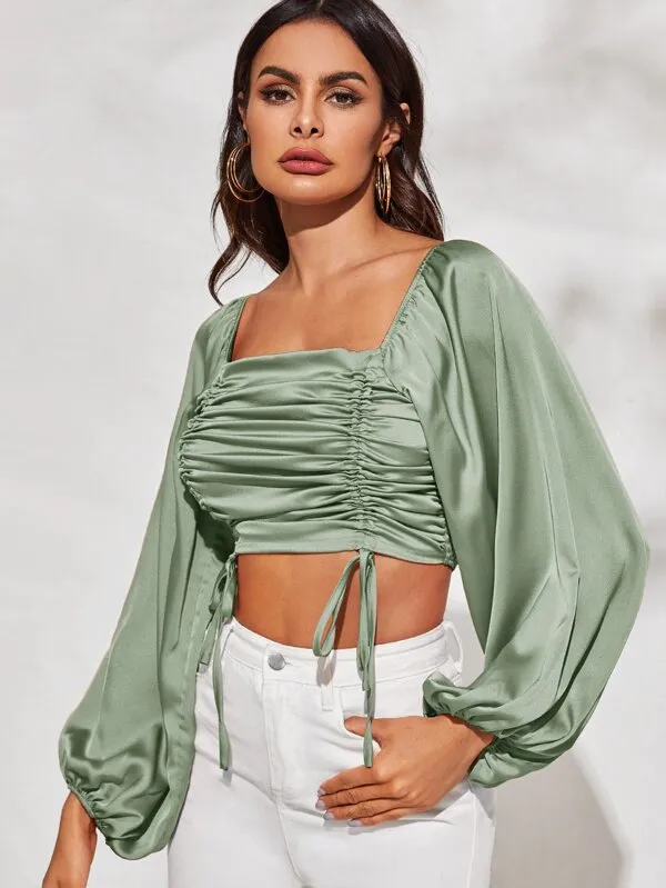 Olive Lantern Drawstring Top
