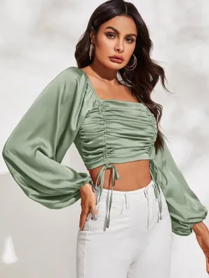 Olive Lantern Drawstring Top