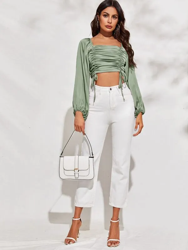 Olive Lantern Drawstring Top
