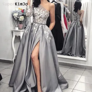 one shoulder prom dresses long silver lace appliqué satin elegant prom gown with slit 2020