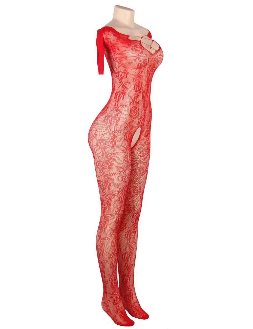 Open Crotch Rose Pattern Lace Bodystockings