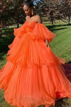 Orange Prom Dresses Off the Shoulder Ball Gown Party Dresses Long OHC045