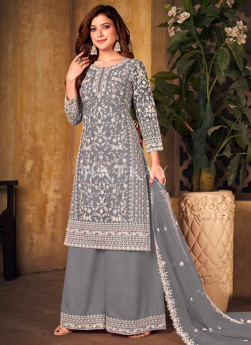 Pale Grey Embroidered Pakistani Palazzo Suit