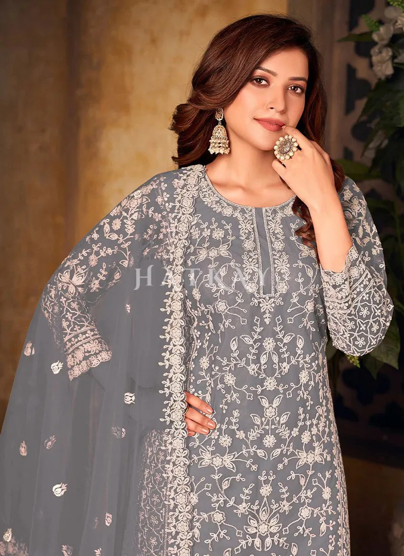 Pale Grey Embroidered Pakistani Palazzo Suit