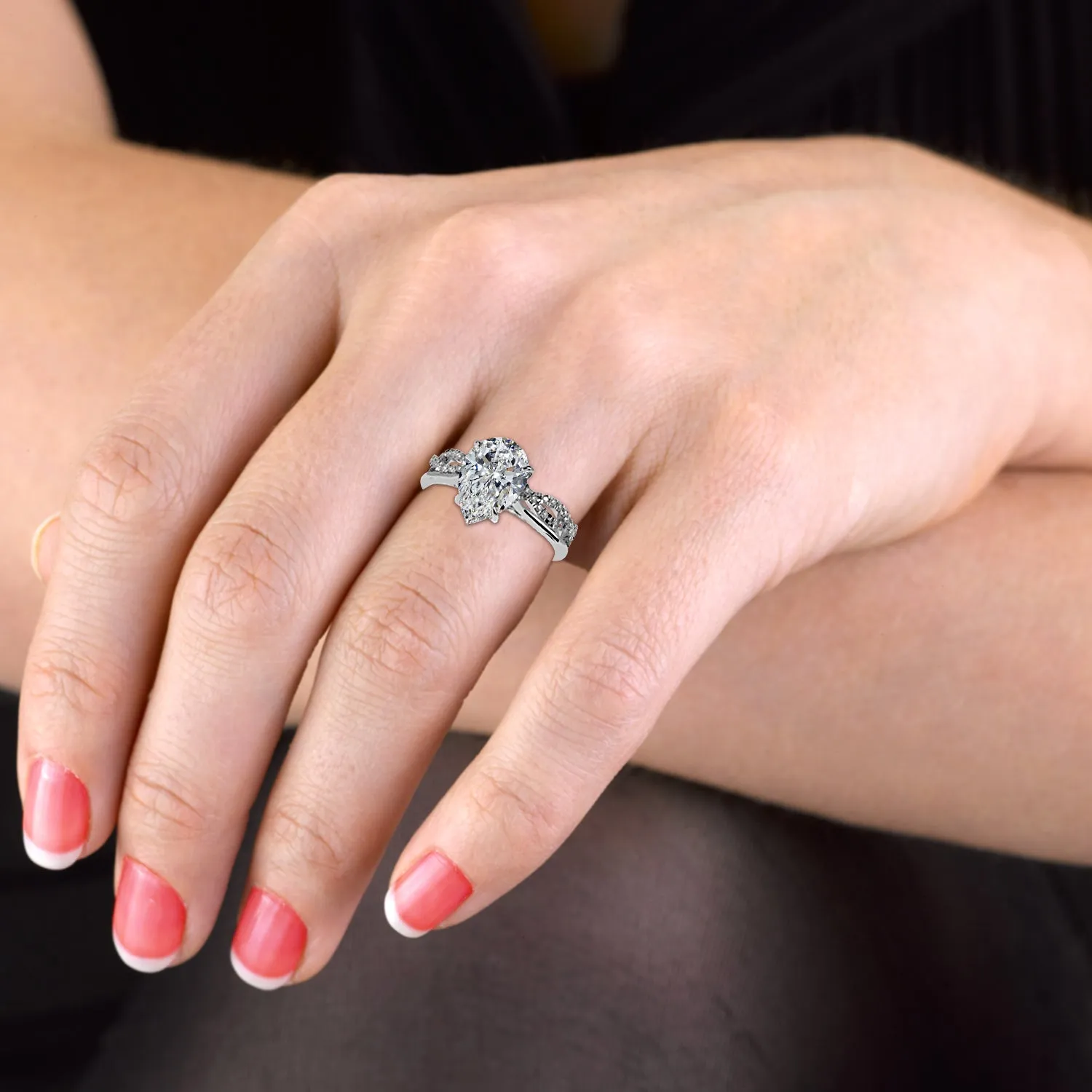 Pear Drop Cut Hidden Halo Cathedral Engagement Ring Bridal Set - 503