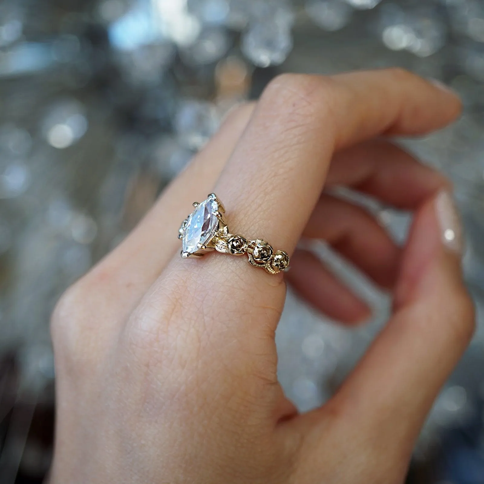 Peonies Marquise Diamond Ring, 0.9ct (Natural or Moissanite)