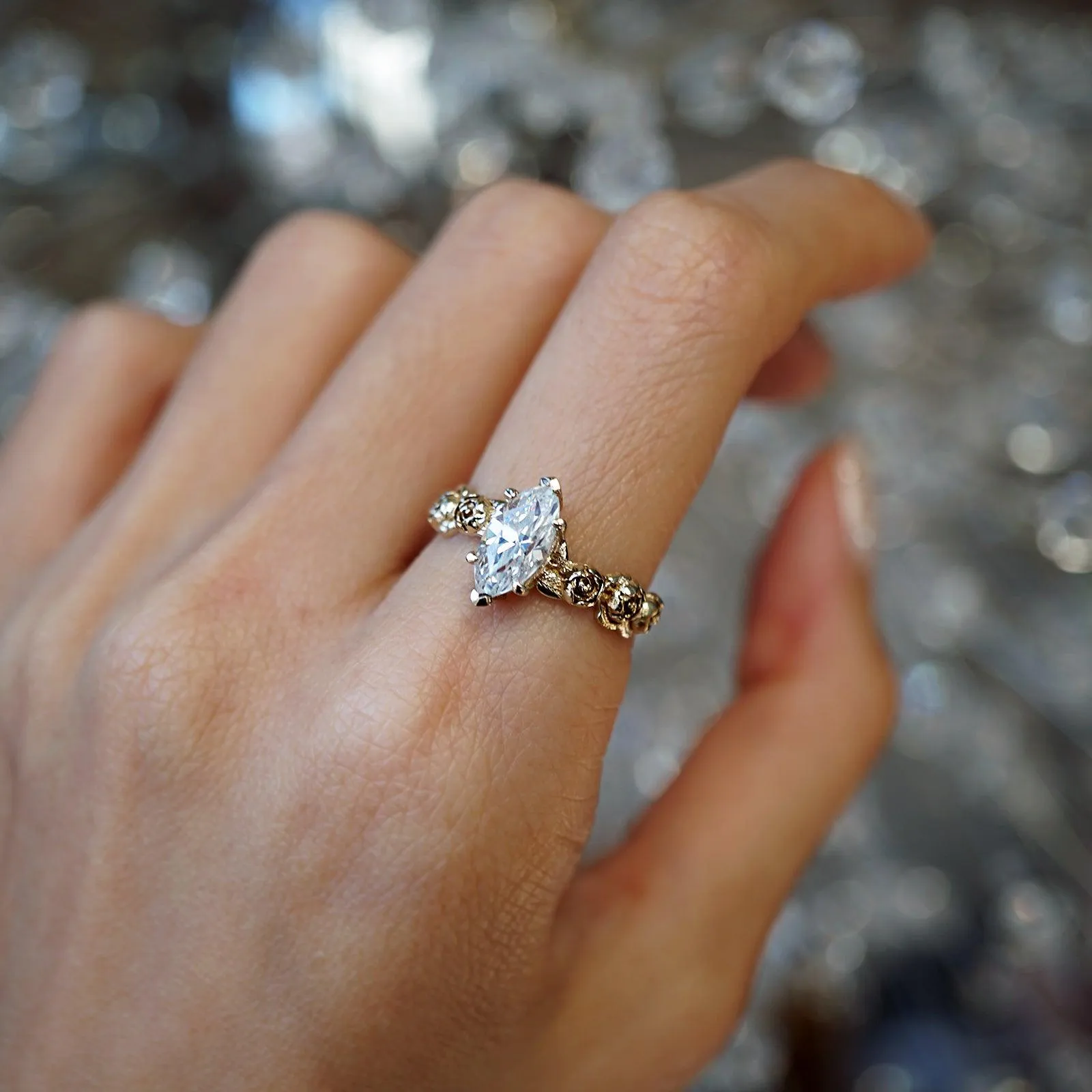 Peonies Marquise Diamond Ring, 0.9ct (Natural or Moissanite)