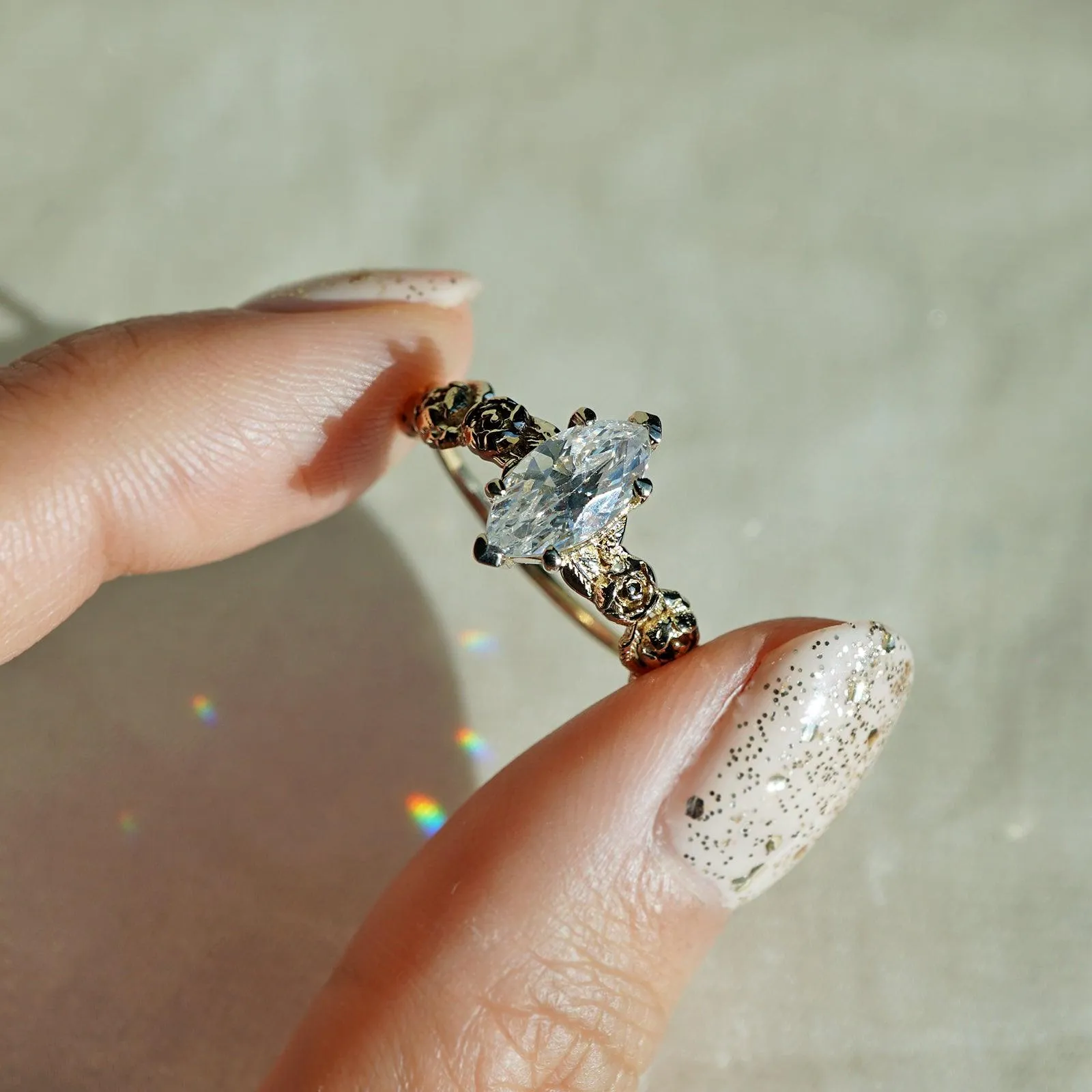 Peonies Marquise Diamond Ring, 0.9ct (Natural or Moissanite)