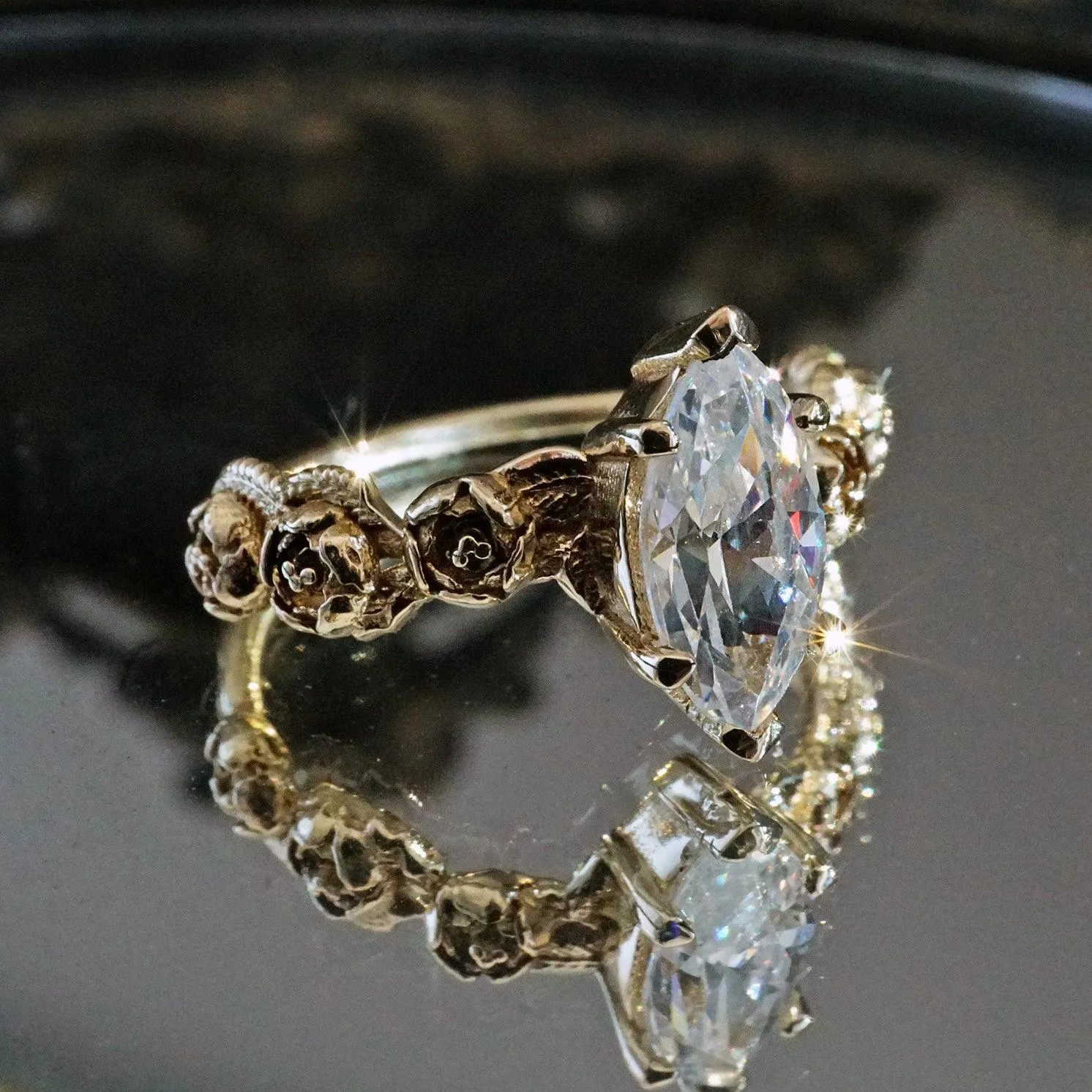 Peonies Marquise Diamond Ring, 0.9ct (Natural or Moissanite)