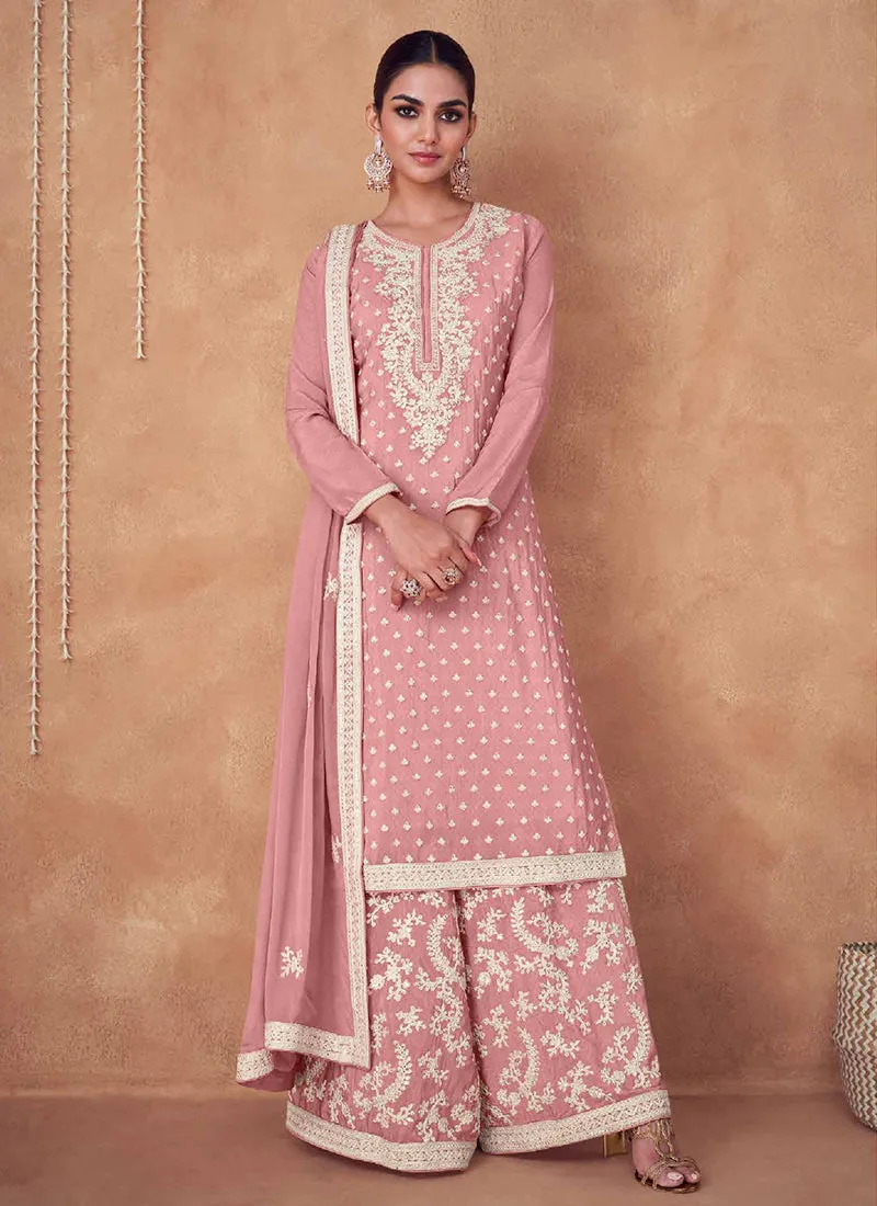 Pink Golden Embroidery Wedding Gharara Style Suit