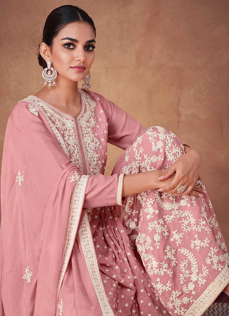 Pink Golden Embroidery Wedding Gharara Style Suit