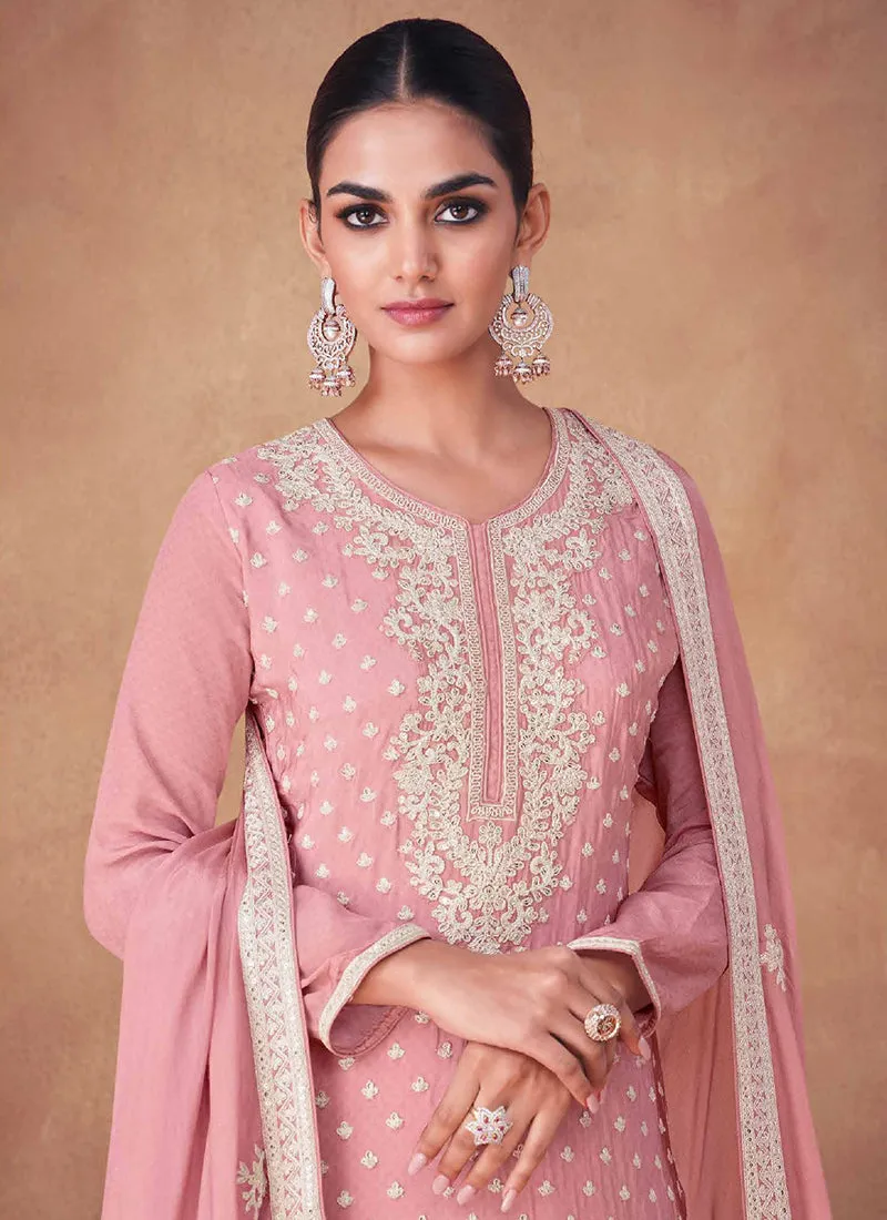 Pink Golden Embroidery Wedding Gharara Style Suit