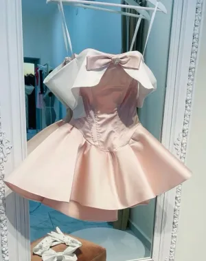Pink Off Shoulder A-Line Satin Sweet Birthday Dresses Short Party Dresses, D1096