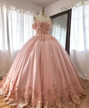 Pink Off The Shoulder Appliques Lace-up Back Ball Gown