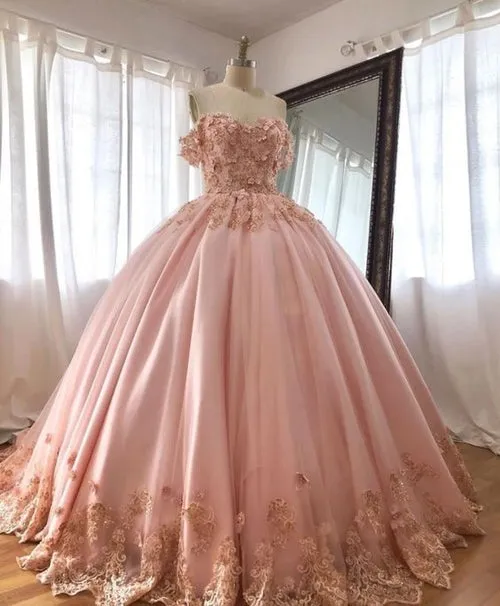 Pink Off The Shoulder Appliques Lace-up Back Ball Gown