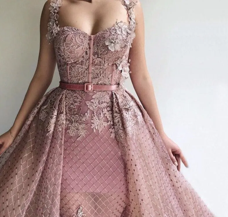 Pink Sleeveless Handmade Flowers Tulle Prom Dresses Dubai Mermaid Sexy Long Formal Gowns