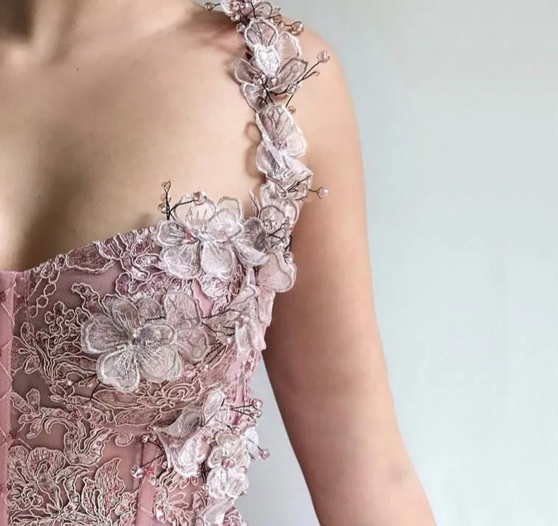 Pink Sleeveless Handmade Flowers Tulle Prom Dresses Dubai Mermaid Sexy Long Formal Gowns