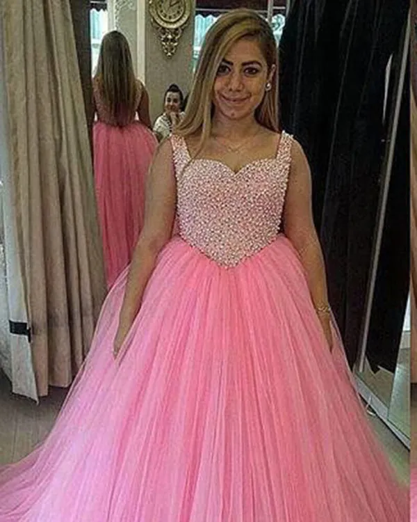 Pink Tulle Puffy Quinceanera Dresses 2018 with Pearls Beaded Sweetheart Ball Gowns Sweet 16 Dress