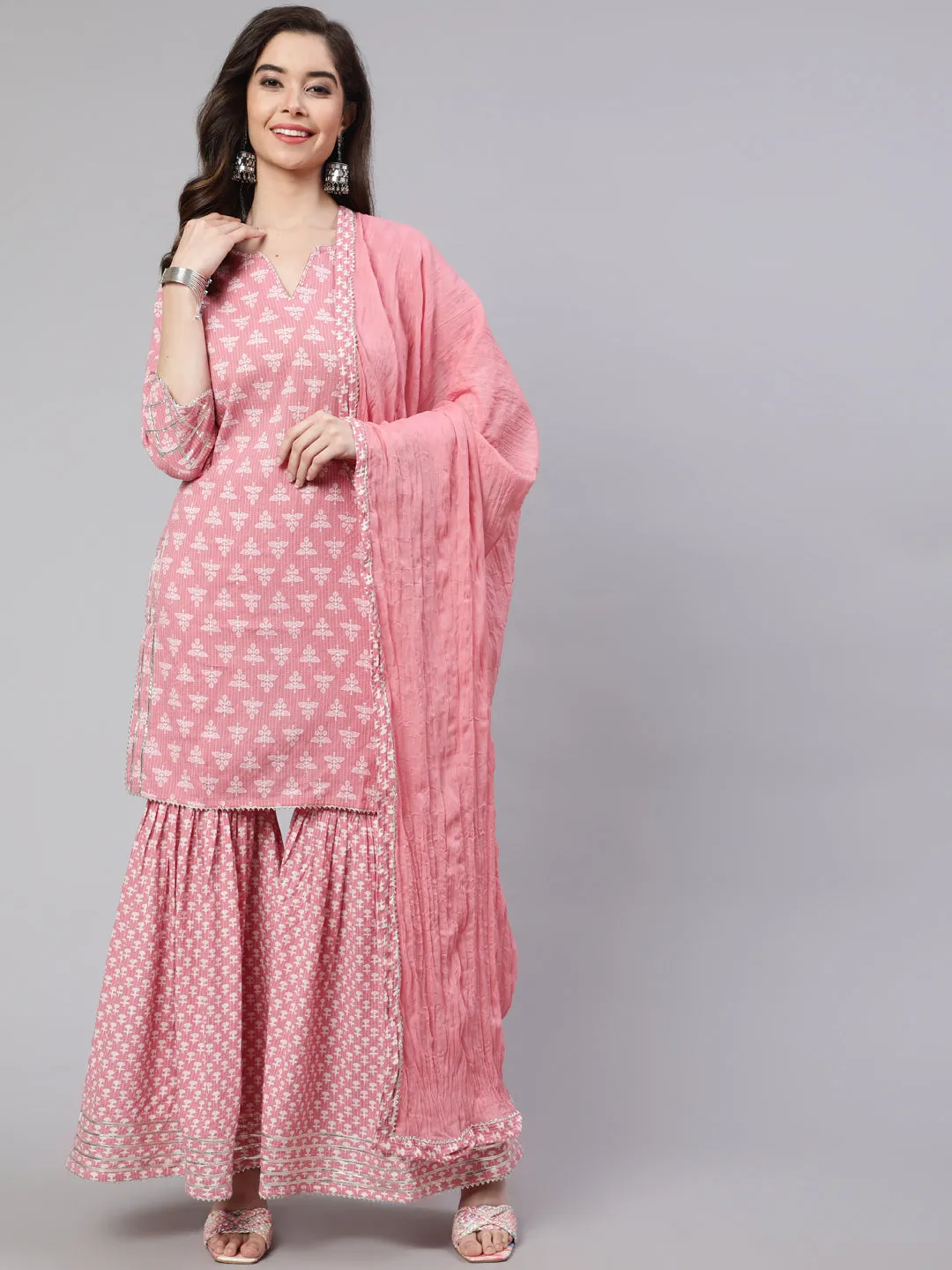 Pink Woven Straight Printed Embroidered Kurta Set With Solid Dupatta