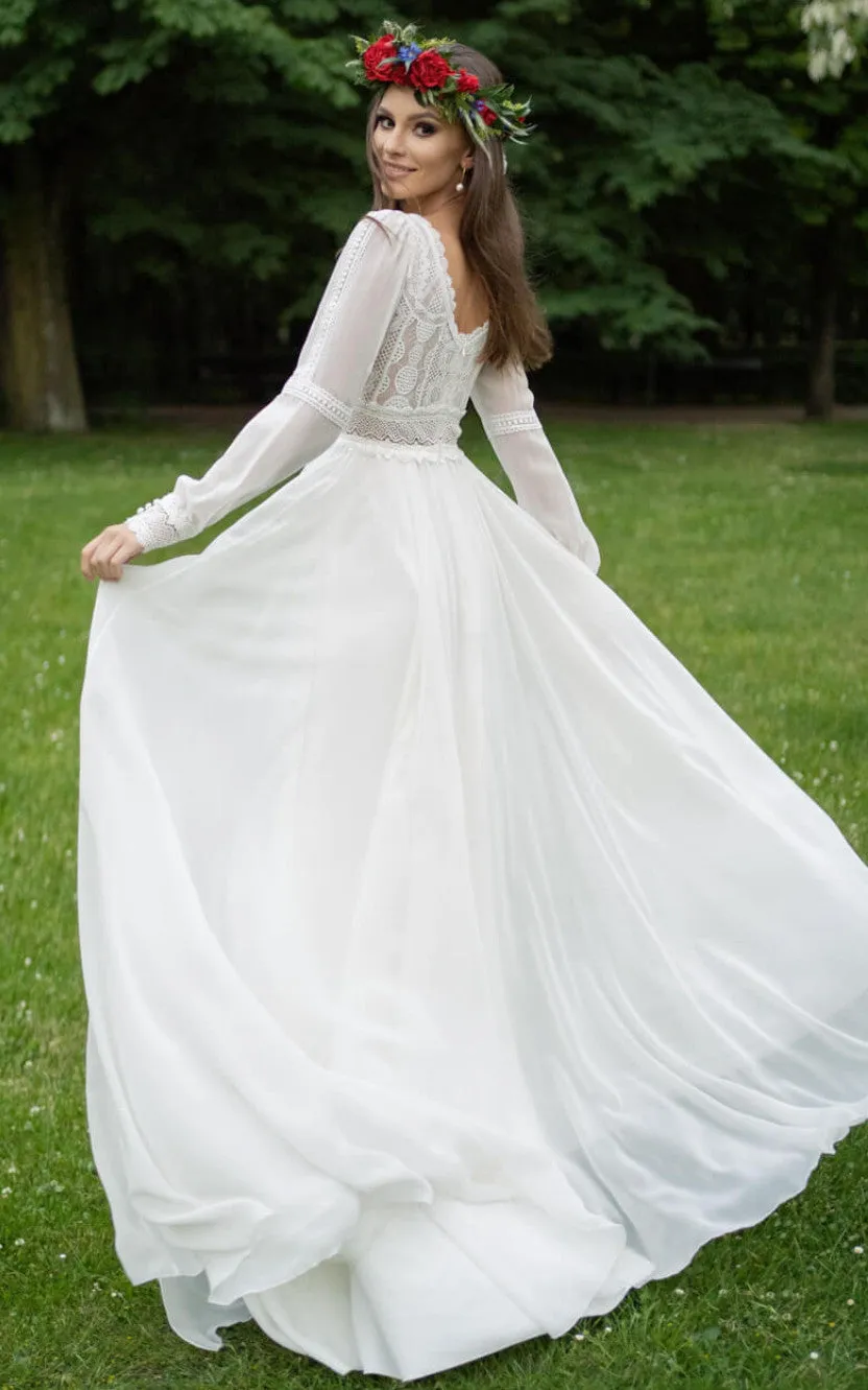 Poet Sleeves Chiffon A-Line Beach Wedding Dress with V-Neckline and Illusion Low-V Back-716679