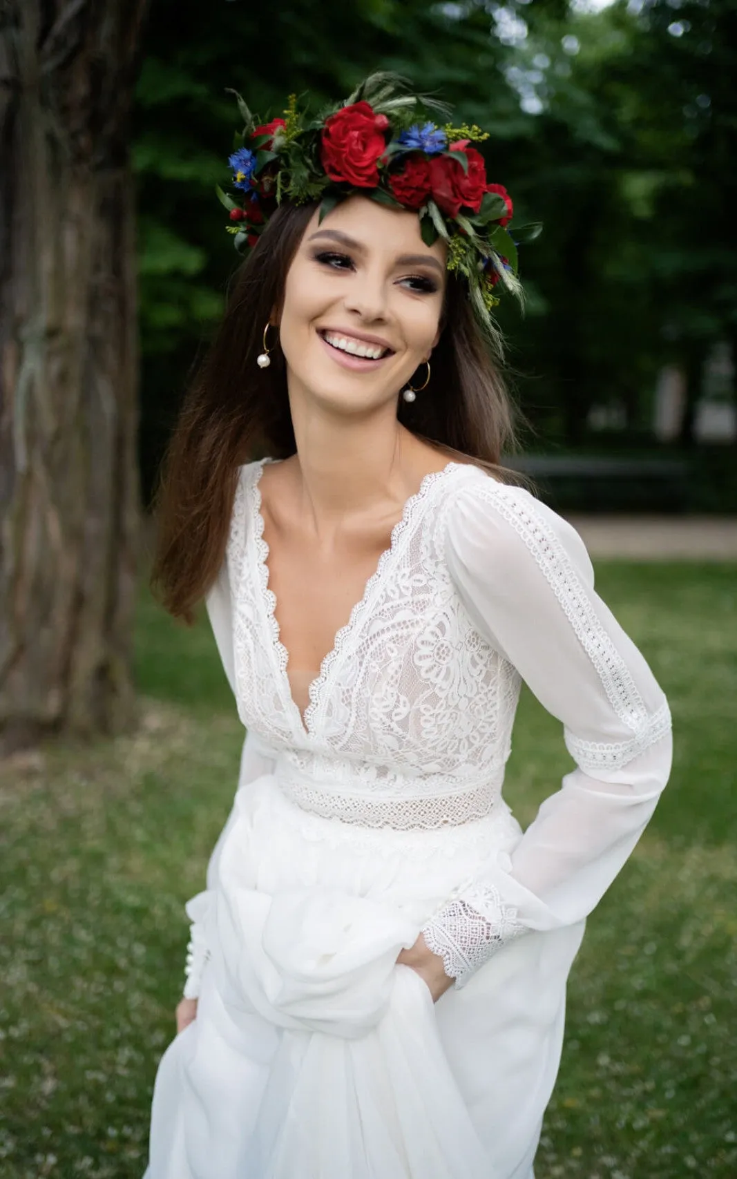 Poet Sleeves Chiffon A-Line Beach Wedding Dress with V-Neckline and Illusion Low-V Back-716679
