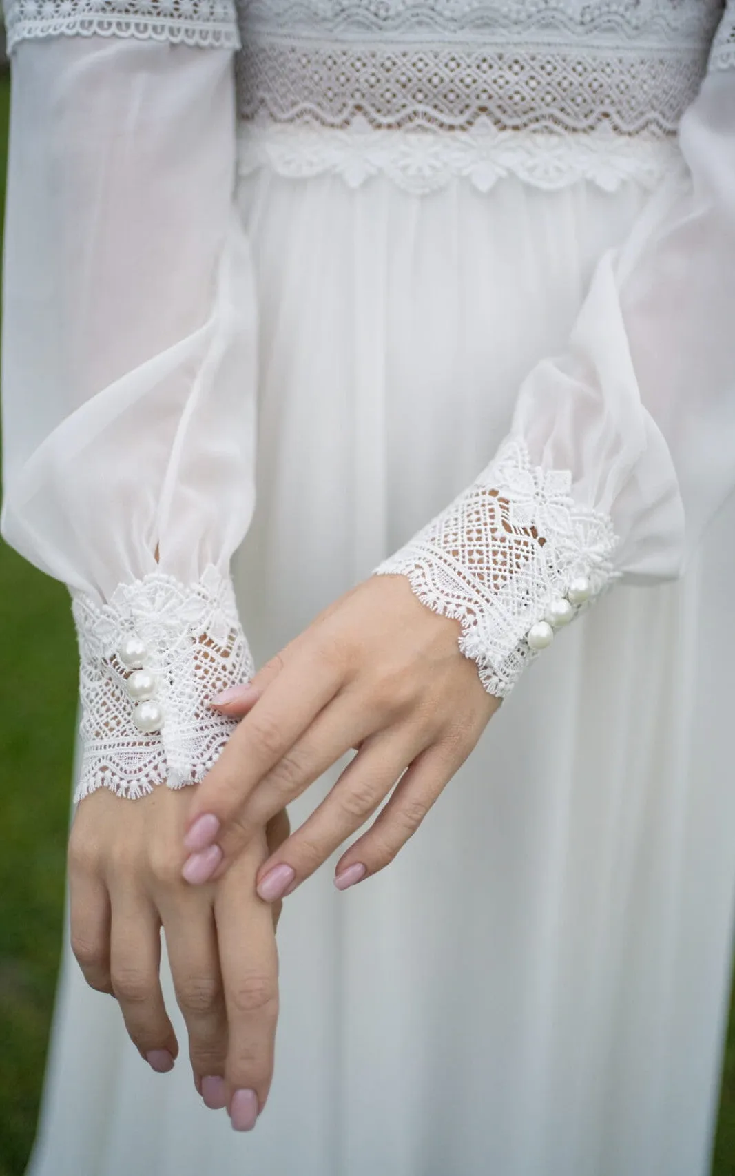 Poet Sleeves Chiffon A-Line Beach Wedding Dress with V-Neckline and Illusion Low-V Back-716679