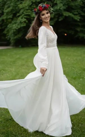 Poet Sleeves Chiffon A-Line Beach Wedding Dress with V-Neckline and Illusion Low-V Back-716679