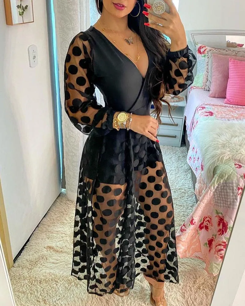 Polkadot Print Wrap Long Sleeve Maxi Dress