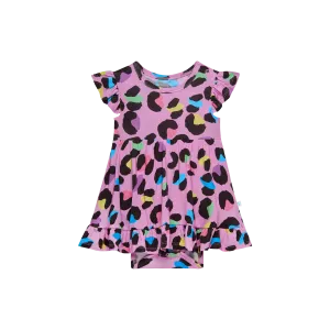 Posh Peanut Cap Sleeve Ruffled Girls Bodysuit Dress in Electric Leopard