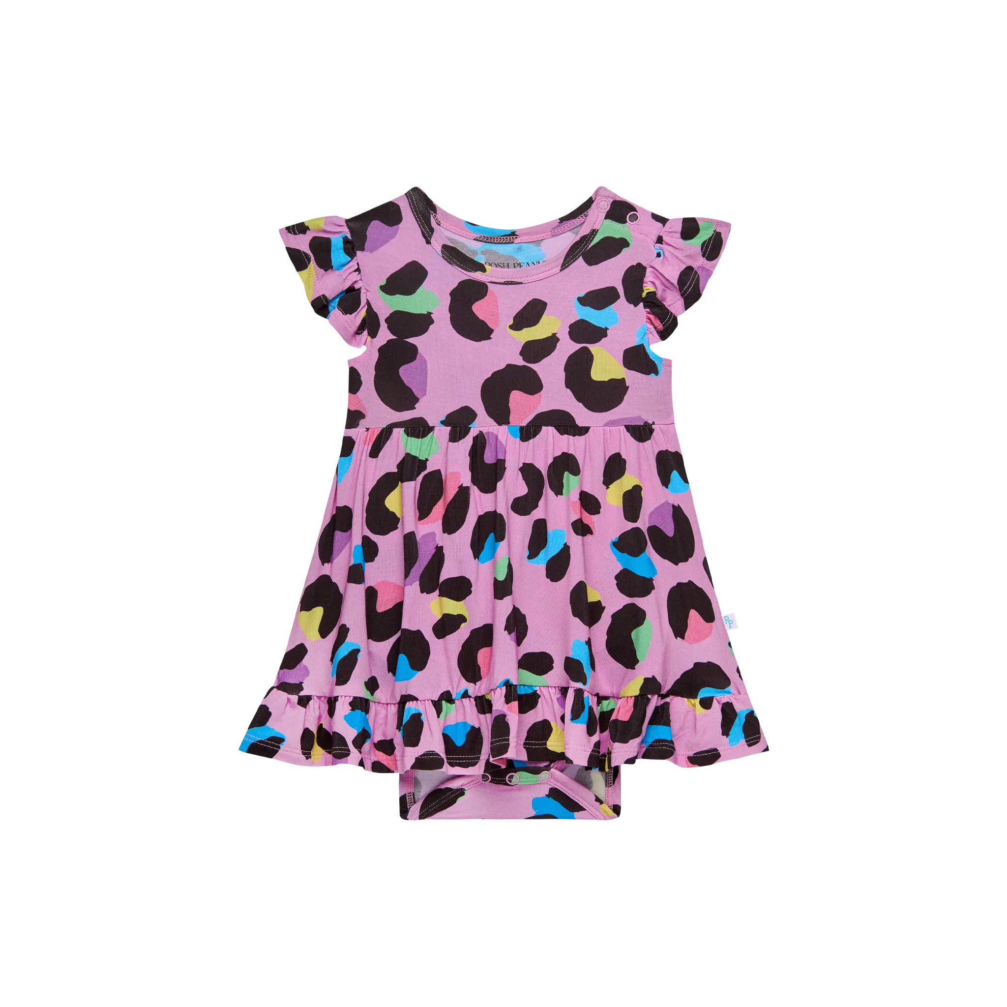 Posh Peanut Cap Sleeve Ruffled Girls Bodysuit Dress in Electric Leopard