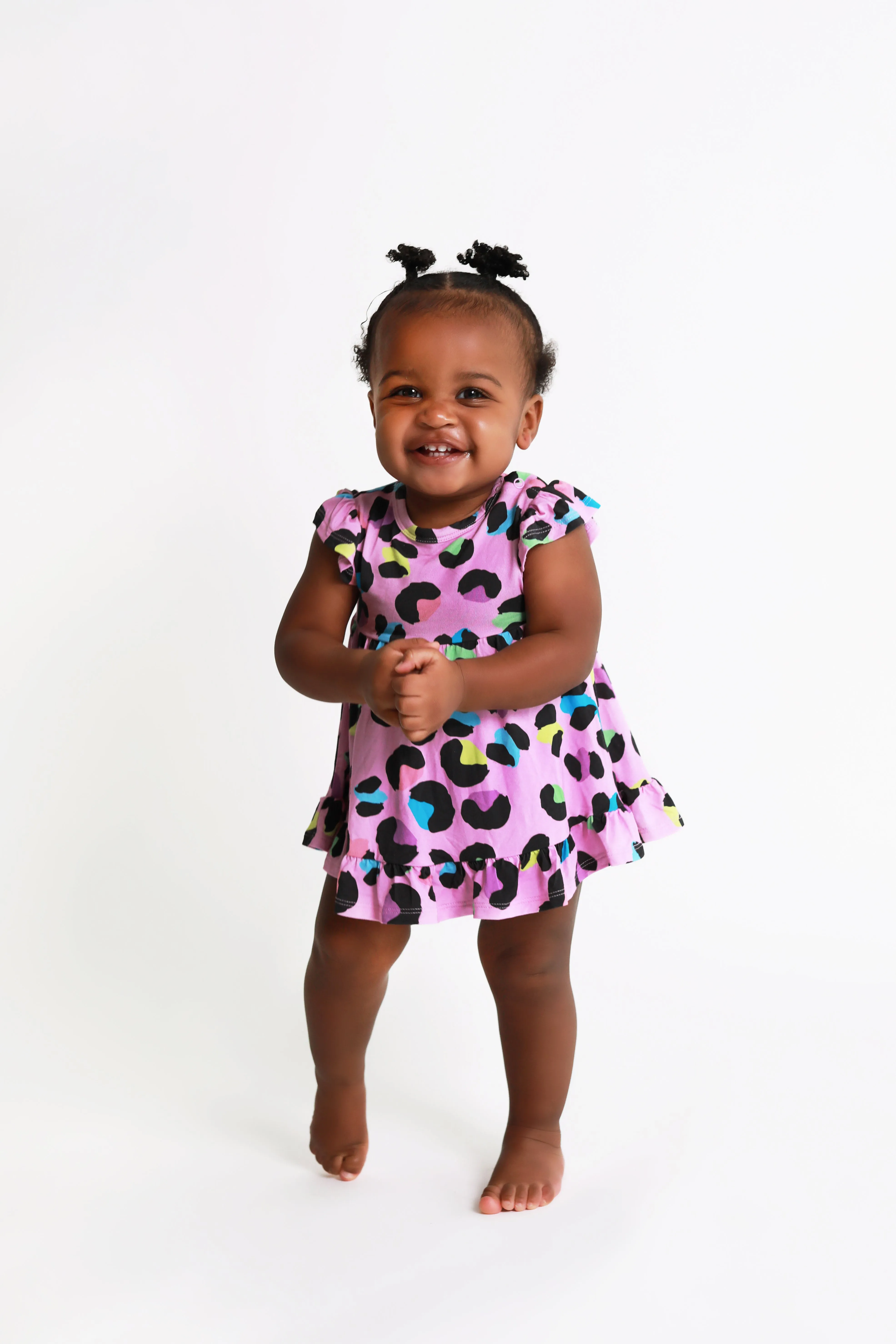 Posh Peanut Cap Sleeve Ruffled Girls Bodysuit Dress in Electric Leopard