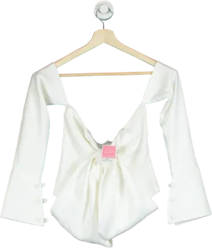 PrettyLittleThing Ivory Satin Bardot Frill Tie Back Bodysuit UK 8