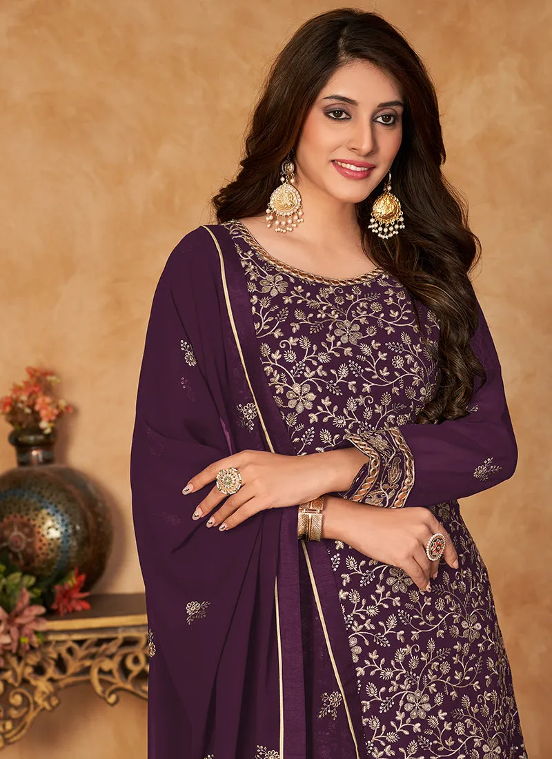 Purple Embroidery Festive Gharara Style Suit