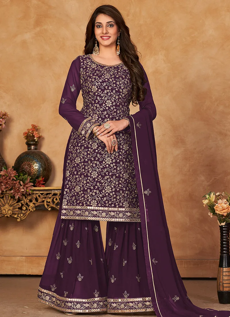 Purple Embroidery Festive Gharara Style Suit