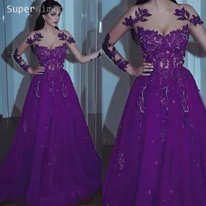 purple prom dresses long sleeve lace appliqué beaded tulle elegant prom gown robe de soiree 2020