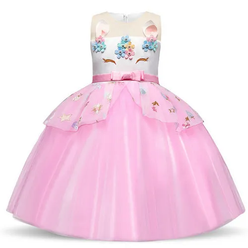 Rainbow Cake Girls Unicorn Dress Long Tail Train Dress Baby Girl