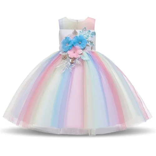 Rainbow Cake Girls Unicorn Dress Long Tail Train Dress Baby Girl