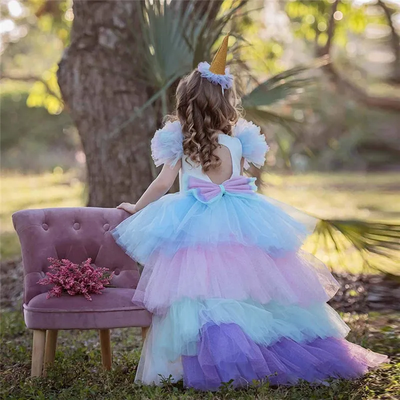Rainbow Cake Girls Unicorn Dress Long Tail Train Dress Baby Girl