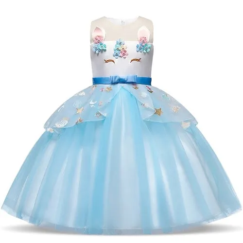 Rainbow Cake Girls Unicorn Dress Long Tail Train Dress Baby Girl