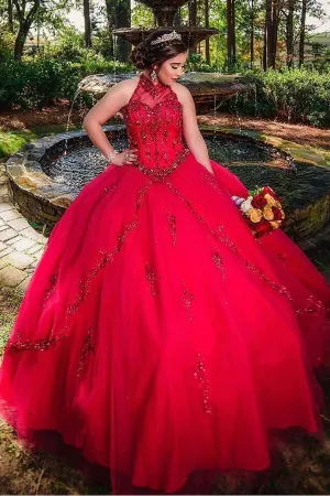 Red Ball Gown Quinceanera Dresses High Neck Beaded Tulle Skirt