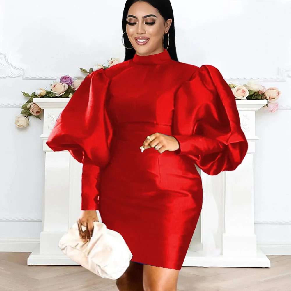 Red Dresses Plus Size Long Lantern Sleeve Women Bodycon Sexy Mini Gowns