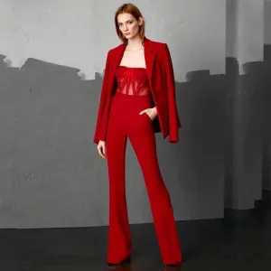 Red Formal Strap Backless Wide Leg Full Length Jumpsuit With Single Button Blazers