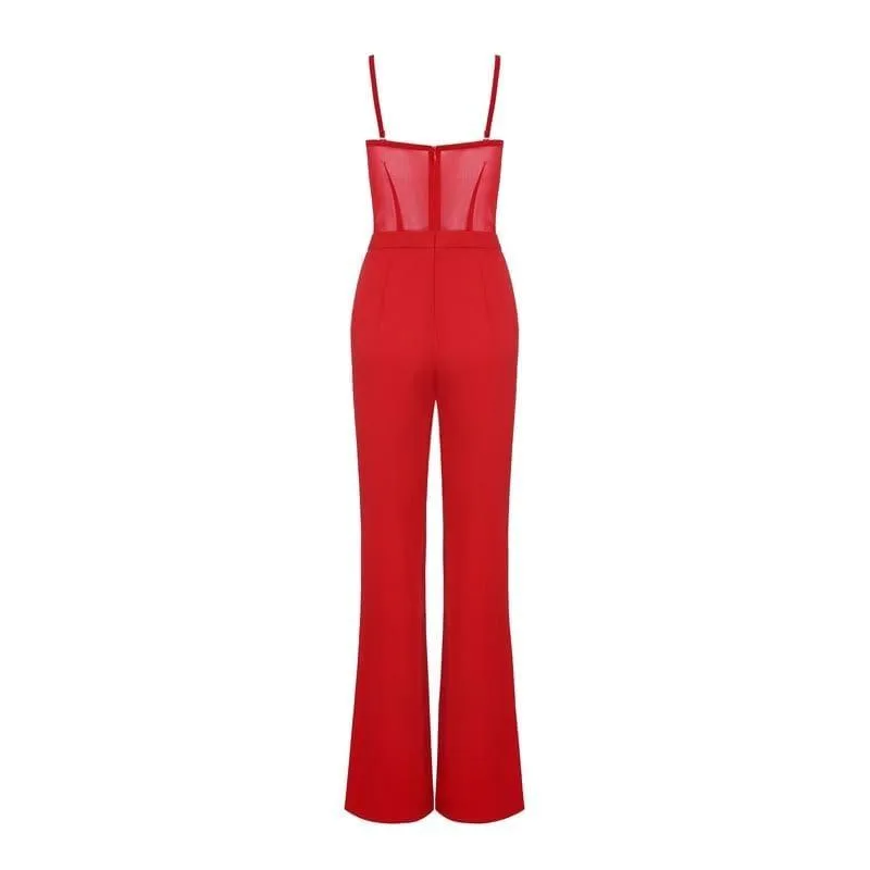 Red Formal Strap Backless Wide Leg Full Length Jumpsuit With Single Button Blazers