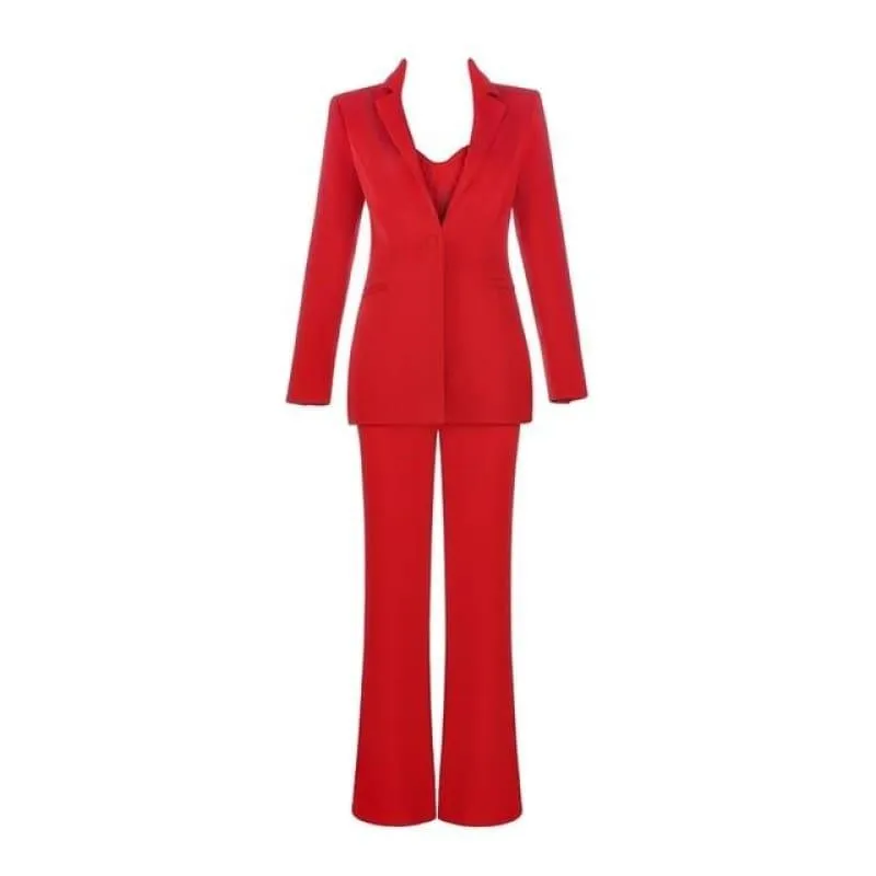 Red Formal Strap Backless Wide Leg Full Length Jumpsuit With Single Button Blazers
