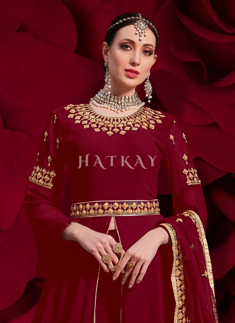 Red Golden Embroidered Slit Style Anarkali Pant Suit