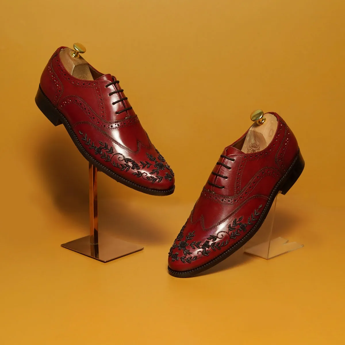 Red Leather Formal Lace-Up Shoes  Black Zardosi Wingtip Toe by Brune & Bareskin