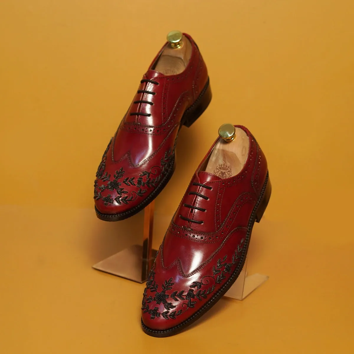 Red Leather Formal Lace-Up Shoes  Black Zardosi Wingtip Toe by Brune & Bareskin