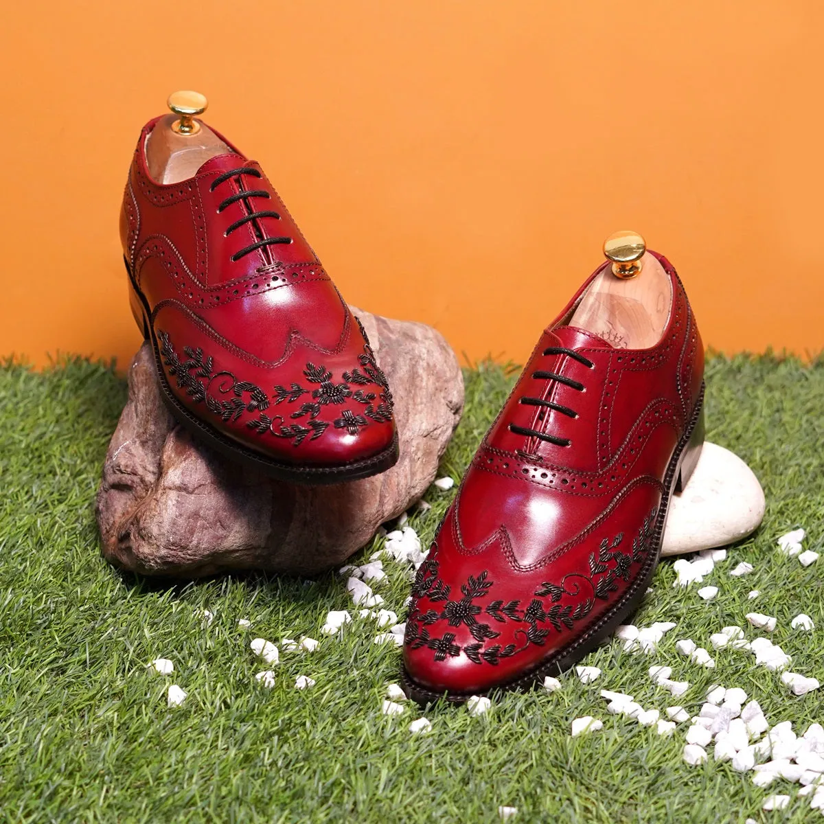 Red Leather Formal Lace-Up Shoes  Black Zardosi Wingtip Toe by Brune & Bareskin